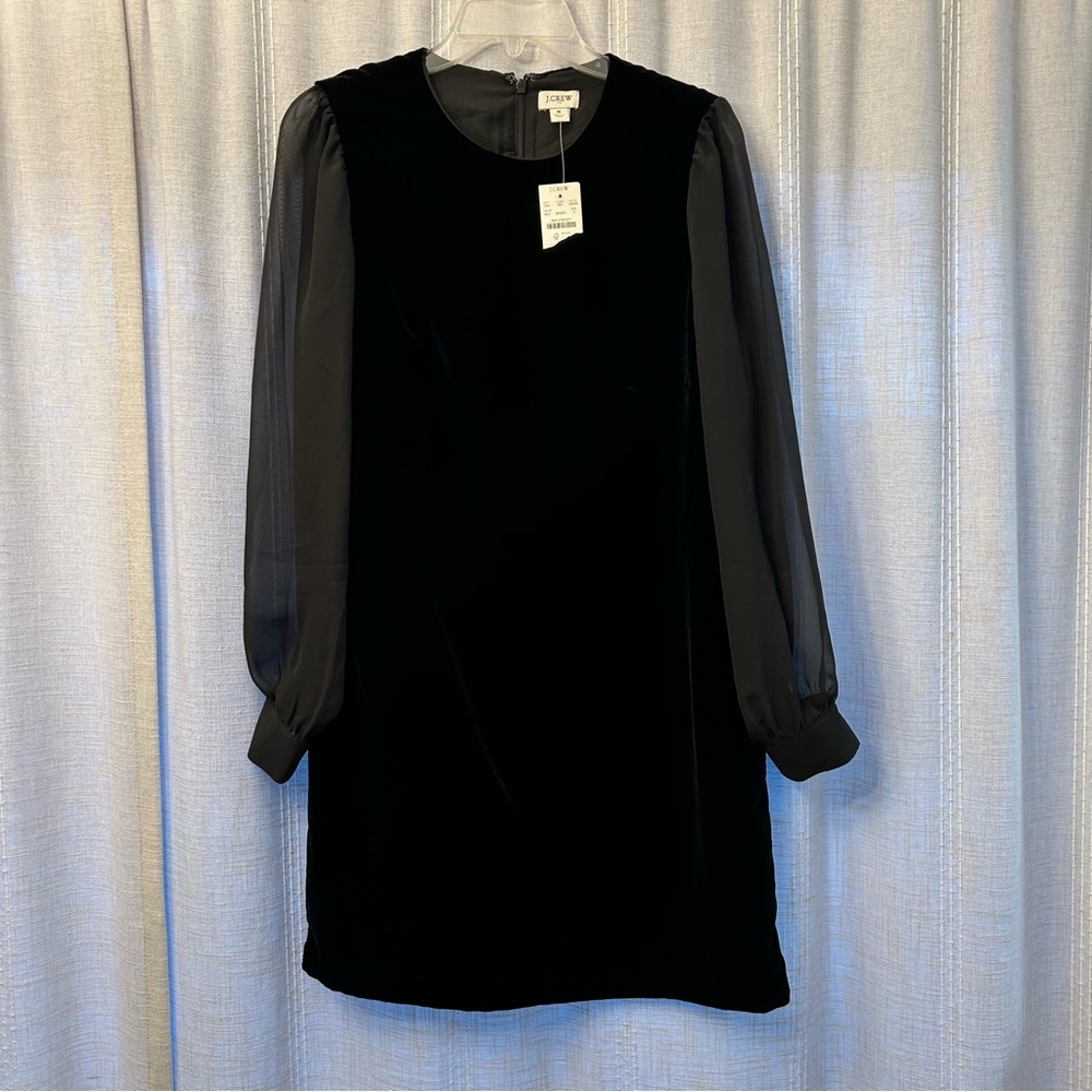 New J. Crew Black Velvet Dress with Sheer Long Sleeves